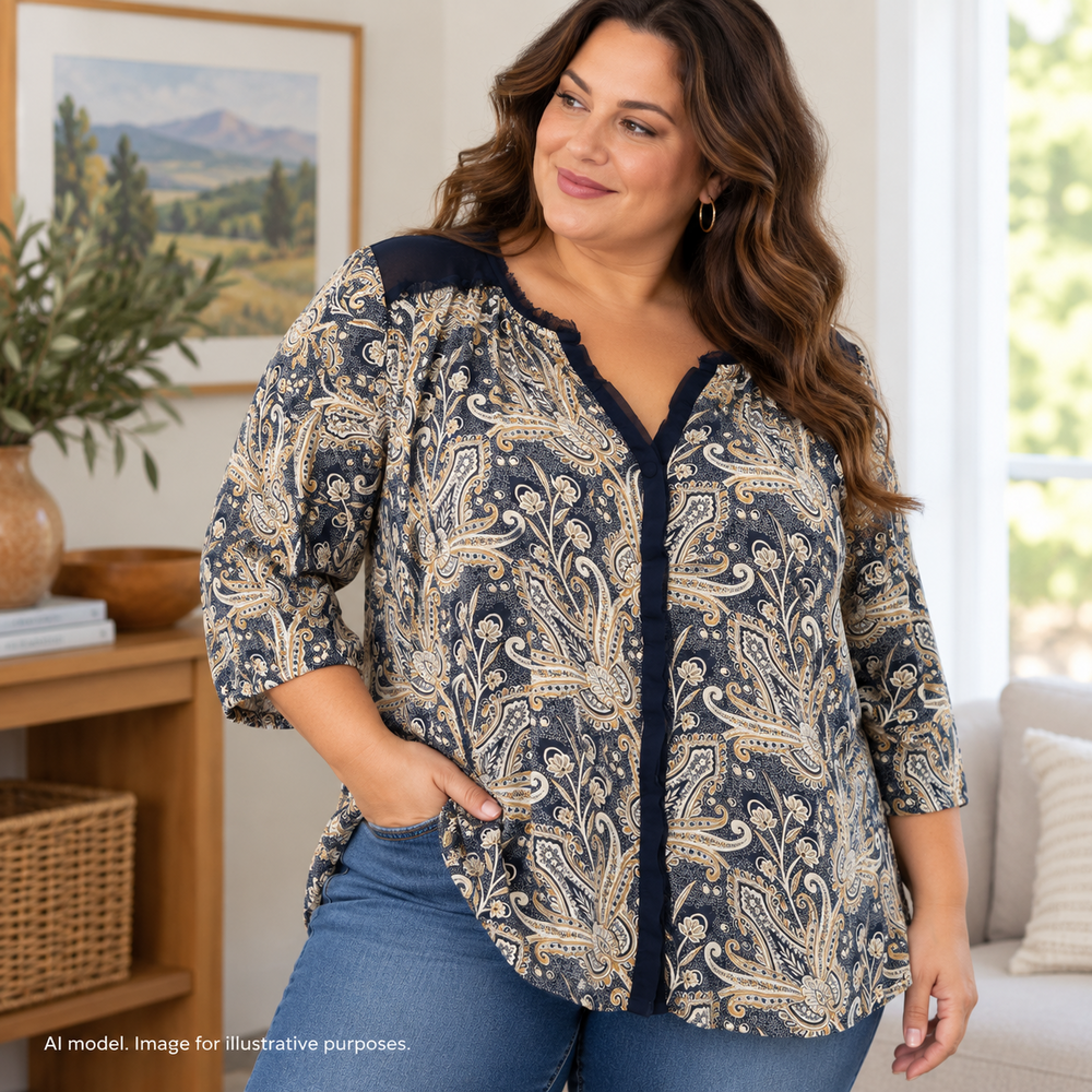 Lucky Brand Shirt Women 1X Blue Floral Prairie Country Boho Mixed Media Raw Edge